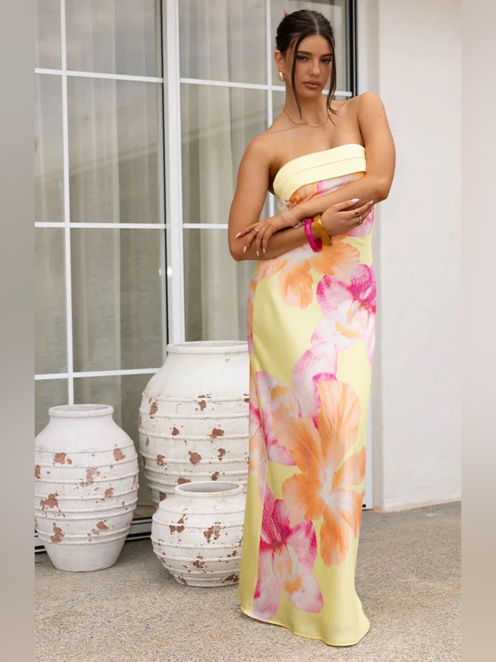 NWT Beginning Boutique Maiah Yellow Hibiscus Floral Strapless Maxi Dress Sz 2
